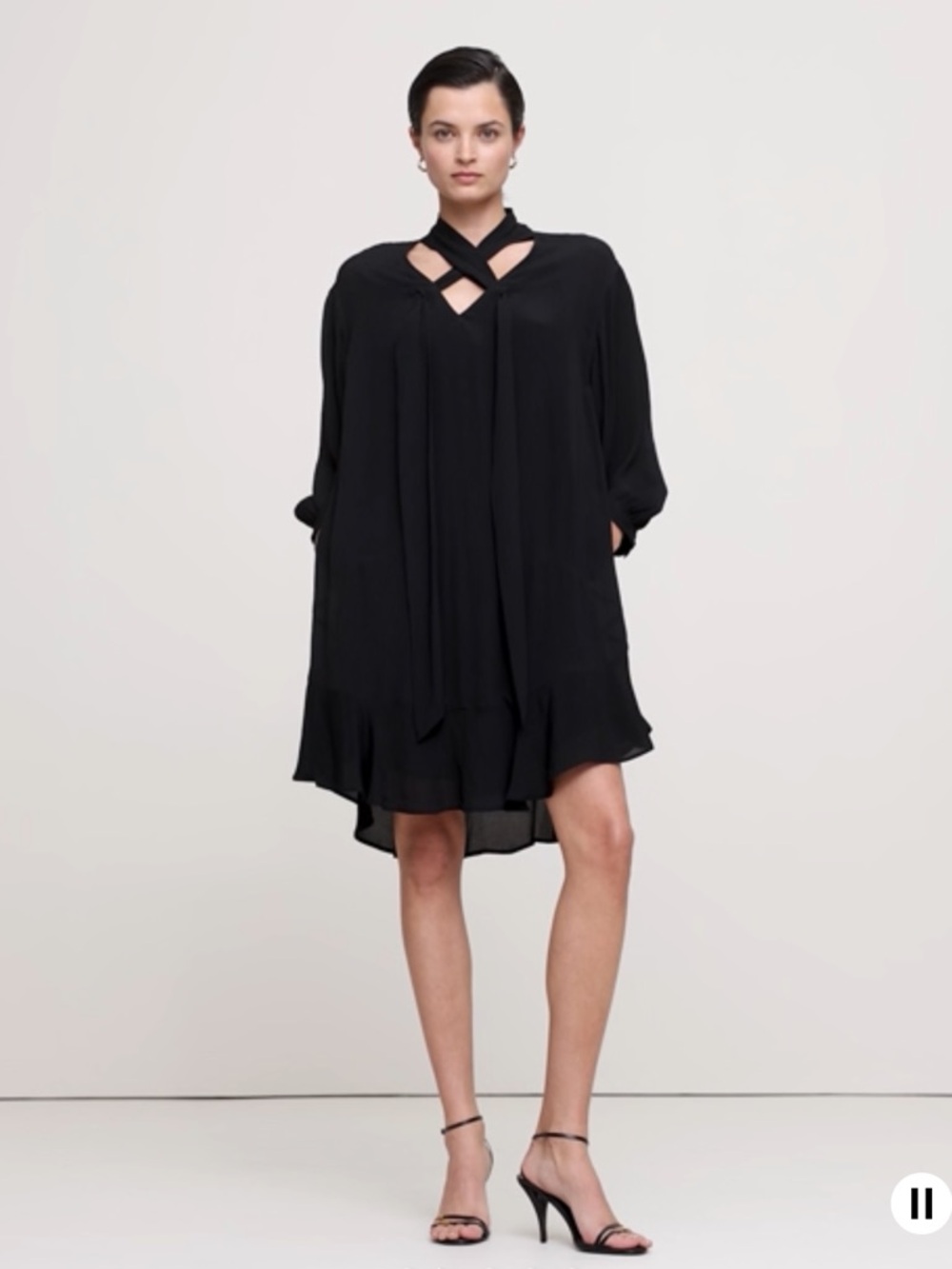 Banana Republic swing dress black LARGE GEORGETTE CROSS TIE TRAPEZE long sleeve